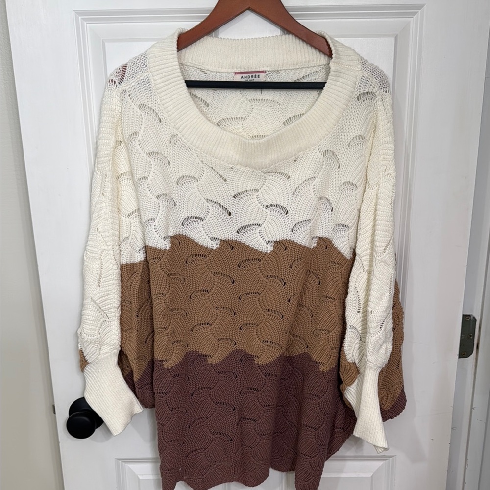 Andree Cream and Tan Wide Neck Sweater with Textural Detail